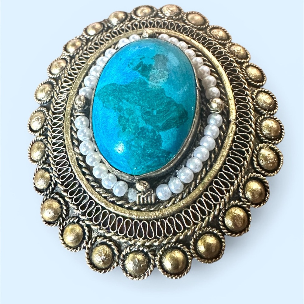 Jerusalem 1950's Eilat stone vintage pendant Vermeil Sterling  Silver
